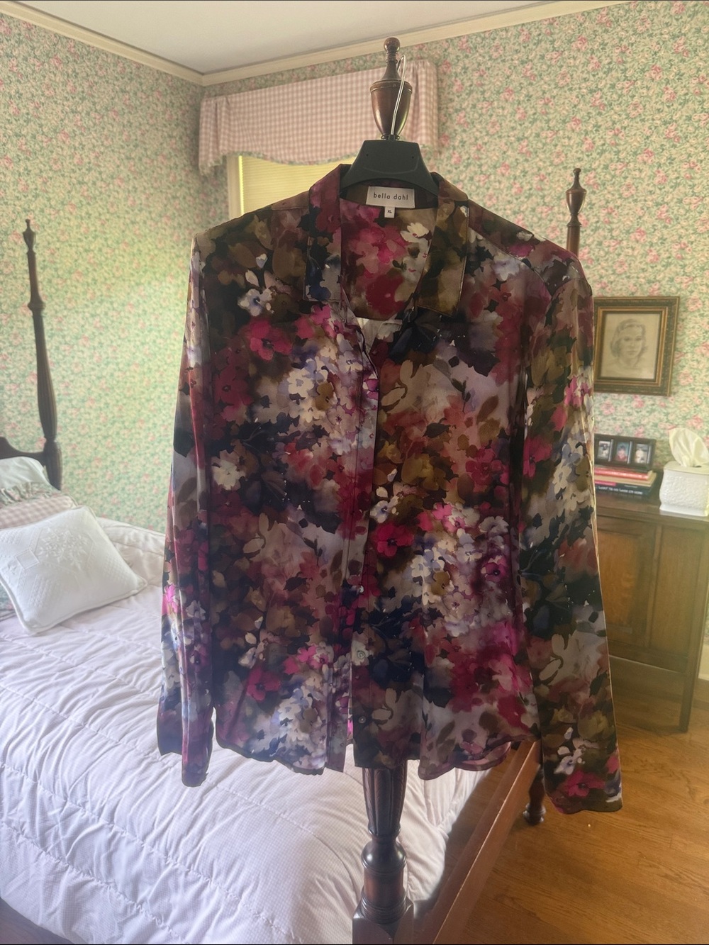 Bella Dahl Sheer Floral Button-Up blouse in Pink, Burgundy and Brown